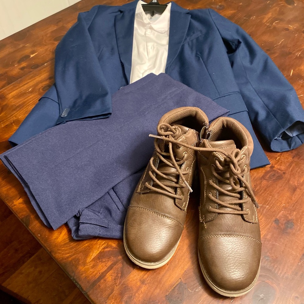 Boys pants, jacket, button down collared shirt, and shoes. Complete outfit!